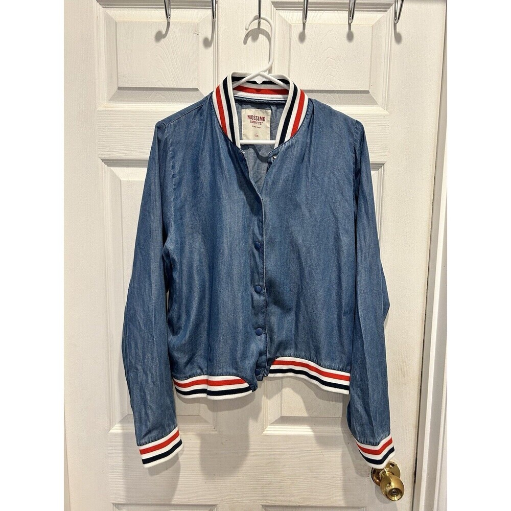 Mossimo‎ Track Bomber Chambray Jacket Snap Front Red White Blue Lyocell Large